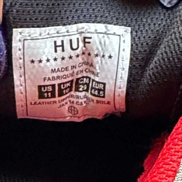 HUF Men\'s Black and Gray Sneakers with Red Accents Size 11
